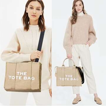 JQWSVE Canvas Tote Bags for Women Handbag Tote Purse with Zipper Canvas Crossbody Bag for Office, Travel