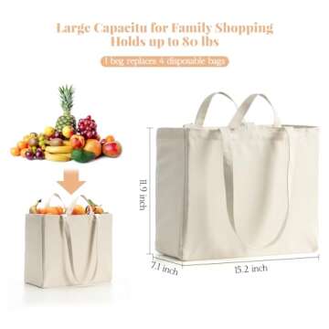 LINICE Reusable Grocery Bags Shopping Bags for Groceries Foldable Heavy Duty Canvas Tote Bag Washabl...