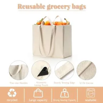 LINICE Reusable Grocery Bags Shopping Bags for Groceries Foldable Heavy Duty Canvas Tote Bag Washable Canvas Bag with Handles (3 Pack)