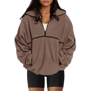 LASLULU Womens Half Zip Sherpa Pullover Jacket Brown Oversized Sweatshirts Fleece Jacket Cozy Quarte...