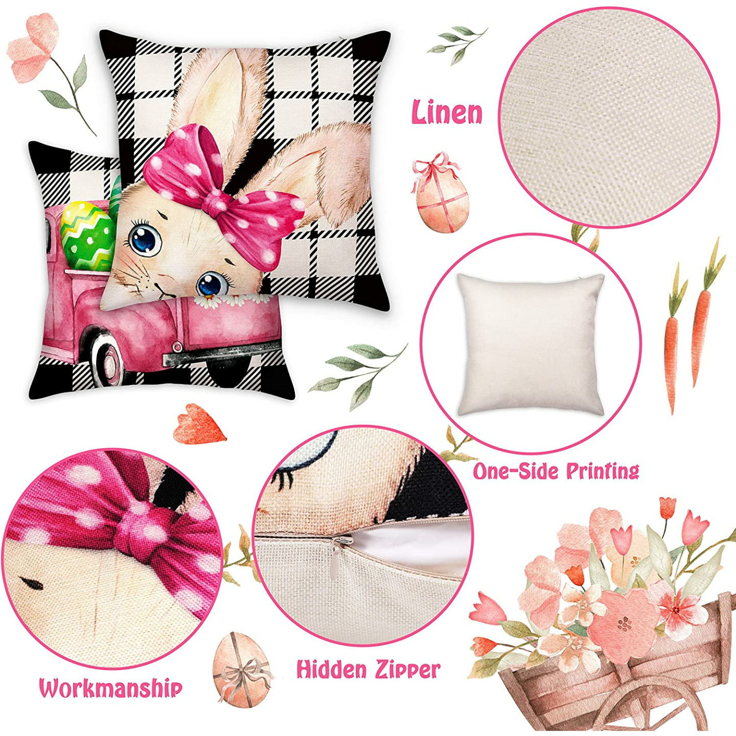 Easter Pillow Covers Set of 4 - 18x18 Decorative Linens