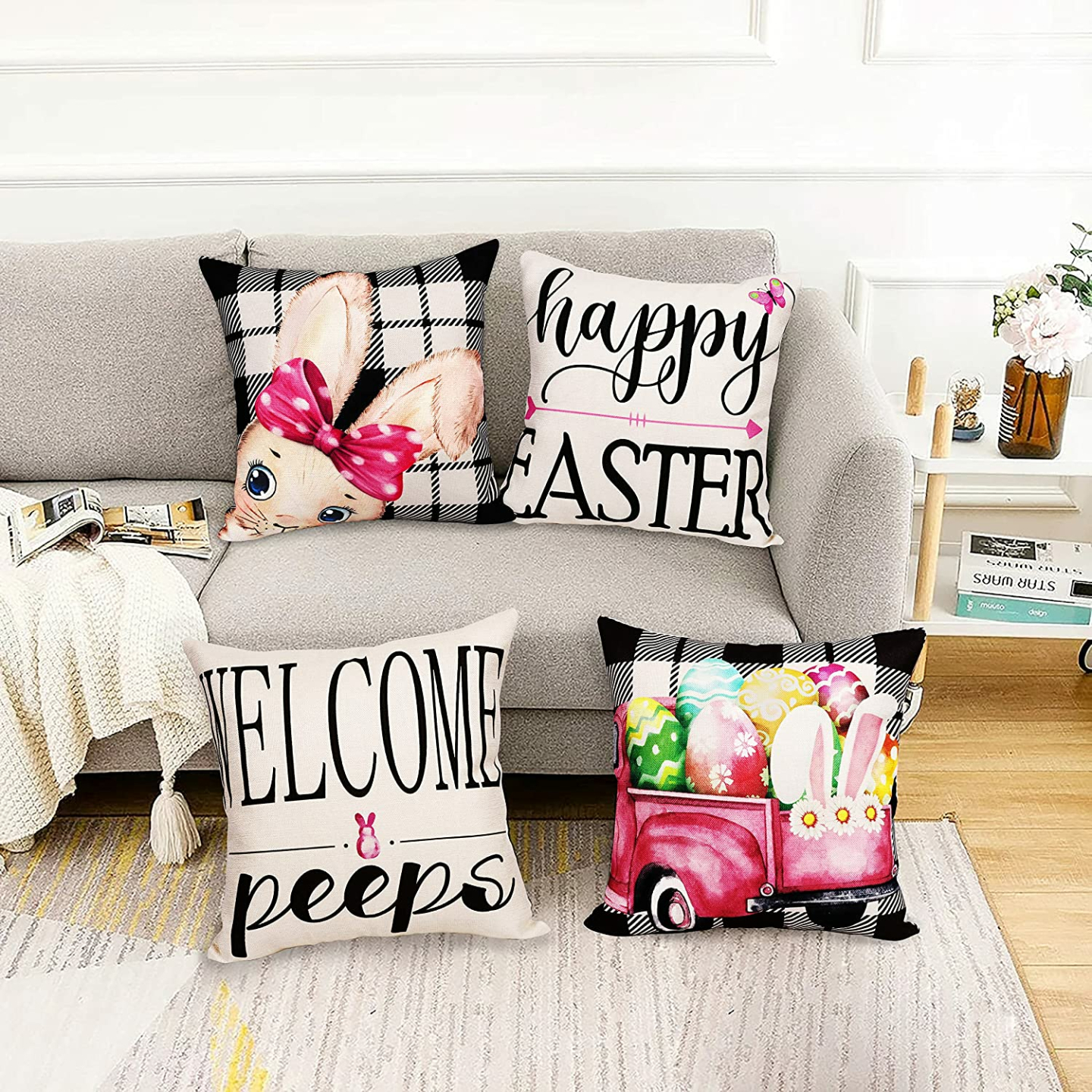 Easter Pillow Covers Set of 4 - 18x18 Decorative Linens