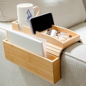 Bamboo Couch Cup Holder with Side Storage Pocket & Phone Holder - Non-Slip Sofa Armrest Tray Table f...