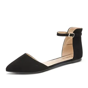 DREAM PAIRS Women's Pointed Toe Dress Flats - Elegant Ankle Strap Casual Shoes, Size 8, Black/Nubuck
