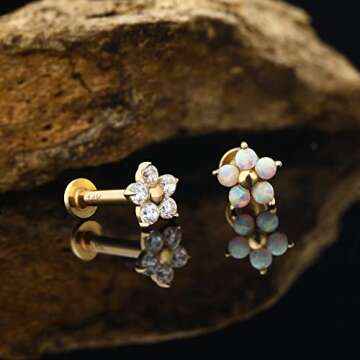 Jewseen 14K Gold CZ Flower Stud for Nose & Lip Piercings