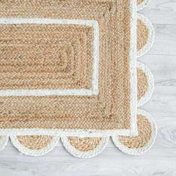 Weaving Village Scalloped Natural Jute Area Rug, Natural Base Off White Trim, 2x3
