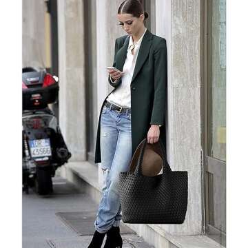 SporGenius Woven Tote Bag for Women, Vegan Leather Handwoven Bags with Small Handmade Purse, Large T...