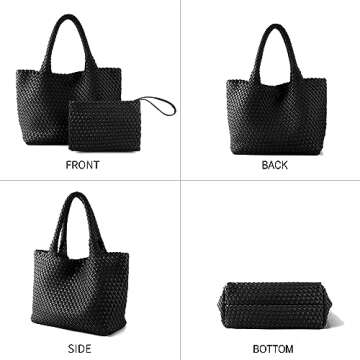 SporGenius Woven Tote Bag for Women, Vegan Leather Handwoven Bags with Small Handmade Purse, Large Travel Braided Top Handle Handbags (Black)