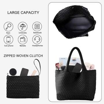 SporGenius Woven Tote Bag for Women, Vegan Leather Handwoven Bags with Small Handmade Purse, Large Travel Braided Top Handle Handbags (Black)