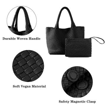 SporGenius Woven Tote Bag for Women, Vegan Leather Handwoven Bags with Small Handmade Purse, Large Travel Braided Top Handle Handbags (Black)