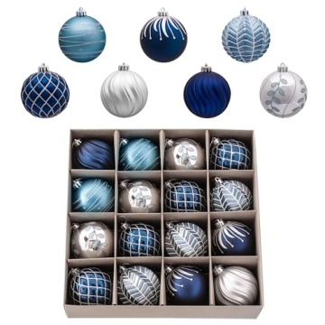 Valery Madelyn Christmas Ornaments Set, 16ct Navy Blue and Silver Shatterproof Fall Christmas Tree D...