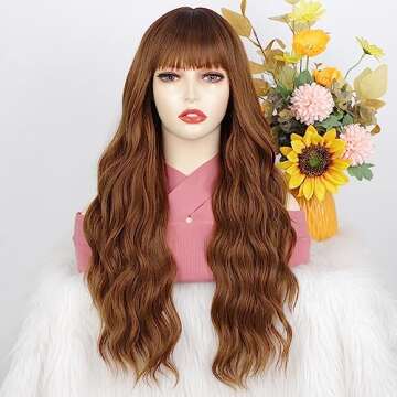 AISI QUEENS Auburn Wig with Bangs Long Wavy Ombre Auburn Wigs for Women Hair Replacement Wigs Heat R...