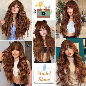 AISI QUEENS Auburn Wig with Bangs Long Wavy Ombre Auburn Wigs for Women Hair Replacement Wigs Heat Resistant Synthetic Wig with Dark Root for Daily Party Use