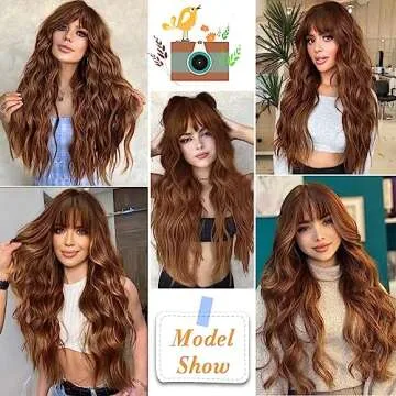 AISI QUEENS Auburn Wig with Bangs Long Wavy Ombre Auburn Wigs for Women Hair Replacement Wigs Heat Resistant Synthetic Wig with Dark Root for Daily Party Use