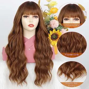 AISI QUEENS Auburn Wig with Bangs Long Wavy Ombre Auburn Wigs for Women Hair Replacement Wigs Heat Resistant Synthetic Wig with Dark Root for Daily Party Use