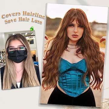 AISI QUEENS Auburn Wig with Bangs Long Wavy Ombre Auburn Wigs for Women Hair Replacement Wigs Heat Resistant Synthetic Wig with Dark Root for Daily Party Use