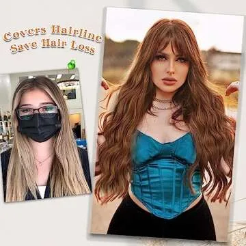 AISI QUEENS Auburn Wig with Bangs Long Wavy Ombre Auburn Wigs for Women Hair Replacement Wigs Heat Resistant Synthetic Wig with Dark Root for Daily Party Use