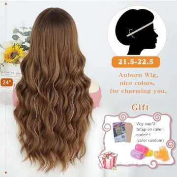 AISI QUEENS Auburn Wig with Bangs Long Wavy Ombre Auburn Wigs for Women Hair Replacement Wigs Heat Resistant Synthetic Wig with Dark Root for Daily Party Use