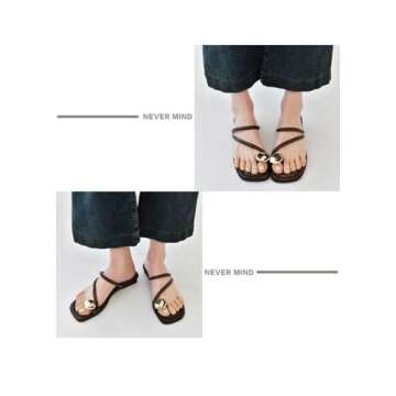 Women's leather strappy flat metal toe ring sandals fashionable square open toe low block heel slip-...