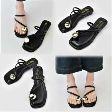 Women's leather strappy flat metal toe ring sandals fashionable square open toe low block heel slip-on Clip Toe Slide Sandals Casual Summer Beach slipper (black, Adult, Women, 8.5, Numeric, US Footwear Size System, Medium)