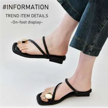 Women's leather strappy flat metal toe ring sandals fashionable square open toe low block heel slip-on Clip Toe Slide Sandals Casual Summer Beach slipper (black, Adult, Women, 8.5, Numeric, US Footwear Size System, Medium)