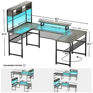 Unikito U Shaped Computer Desk with Hutch & LED Strip