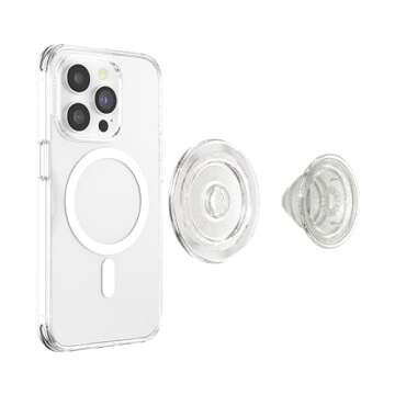 PopSockets Round Phone Grip Compatible with MagSafe, Adapter Ring Included, Phone Holder, Wireless Charging Compatible - Clear Glitter
