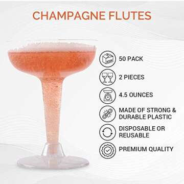 Oasis Creations Plastic Champagne Glasses Set (50 Count) 4 Ounce - Stem Cups 2 Pieces - Ideal for Birthday Party, Wedding Reception and More
