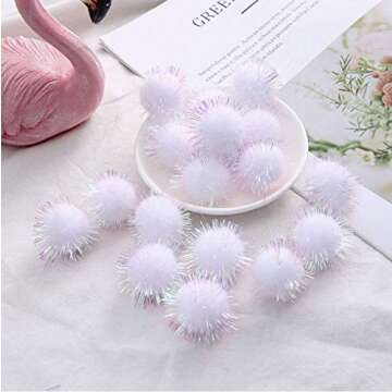 YYCRAFT 50pcs Glitter Tinsel Pom Poms Sparkle Balls for DIY Craft/Party Decoration/Cat Toys(25mm,White Color)