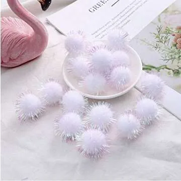 YYCRAFT 50pcs Glitter Tinsel Pom Poms Sparkle Balls for DIY Craft/Party Decoration/Cat Toys(25mm,White Color)