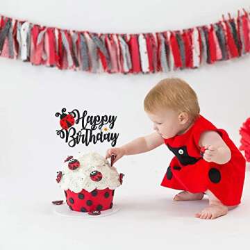 LECAKTO Ladybug Happy Birthday Cake Topper, Ladybug & Daisy Birthday Cake Decor, Ladybug Themed Birthday Party Supplies, Garden Bugs Party Decoration