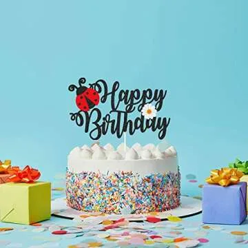 LECAKTO Ladybug Happy Birthday Cake Topper, Ladybug & Daisy Birthday Cake Decor, Ladybug Themed Birthday Party Supplies, Garden Bugs Party Decoration