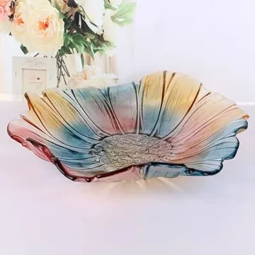 EWEIGEER 11.5-inch Crystal Glass Colorful Fruit Bowl Dessert Cake Candy Snack Plate,Art Sunflower-shaped,Large Size,Cool Design