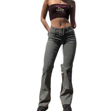 Indiendie Aesthetics E-Girl Vintage Trousers for Women Low Waist Flare Pants Slim Fit Belted Fashion Striped Pants Y2K Streetwear(G-Army Green,L)