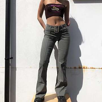 Indiendie Aesthetics E-Girl Vintage Trousers for Women Low Waist Flare Pants Slim Fit Belted Fashion Striped Pants Y2K Streetwear(G-Army Green,L)