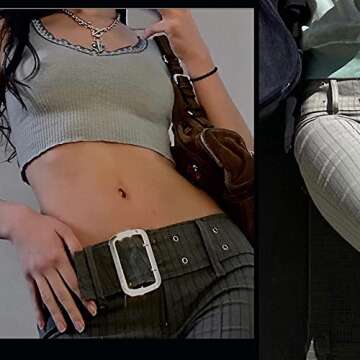 Indiendie Aesthetics E-Girl Vintage Trousers for Women Low Waist Flare Pants Slim Fit Belted Fashion Striped Pants Y2K Streetwear(G-Army Green,L)