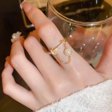 CZ Round Chain Promise Statement Ring for Women Golden Dainty Created Crystal Disc Tassel Dangle Dro...