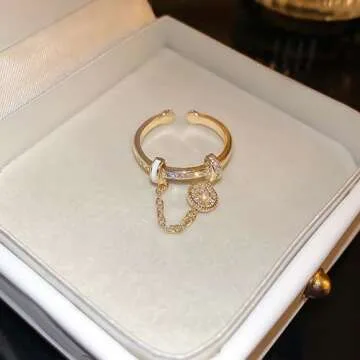 CZ Round Chain Promise Statement Ring for Women Golden Dainty Created Crystal Disc Tassel Dangle Drop Open Wrap Finger Rings Adjustable Comfort Fit Fashion Wedding Birthday Holiday Jewelry (Golden)