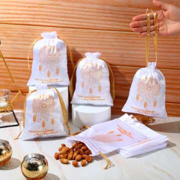 Coume 30 Pcs Eid Ramadan Mubarak Satin Gift Bags with Drawstring 5 x 7 Inch Silk Eid Party Favor Jewelry Pouches for Ramadan Supplies Candy Bags Muslim Party Decoration