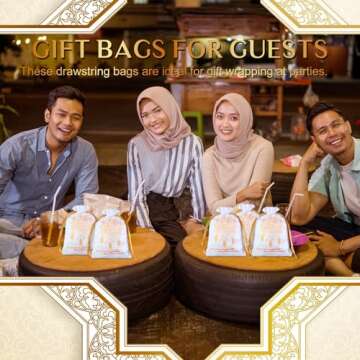 Coume 30 Pcs Eid Ramadan Mubarak Satin Gift Bags with Drawstring 5 x 7 Inch Silk Eid Party Favor Jewelry Pouches for Ramadan Supplies Candy Bags Muslim Party Decoration