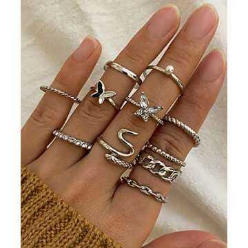 iF YOU 30 Pcs Vintage Knuckle Rings Set, Boho Butterfly Snake Stackable Finger Rings for Women, Silver Midi Rings Pack