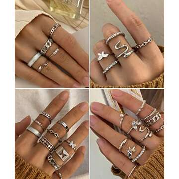 iF YOU 30 Pcs Vintage Knuckle Rings Set, Boho Butterfly Snake Stackable Finger Rings for Women, Silver Midi Rings Pack