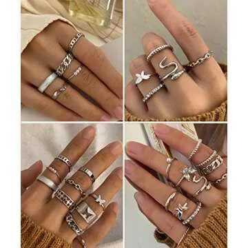 iF YOU 30 Pcs Vintage Knuckle Rings Set, Boho Butterfly Snake Stackable Finger Rings for Women, Silver Midi Rings Pack