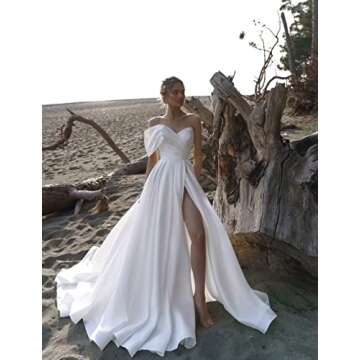 Off The Shoulder Ball Gown Satin Wedding Dress A-Line Prom Dresses Split Formal Evening Gowns Sky Bl...