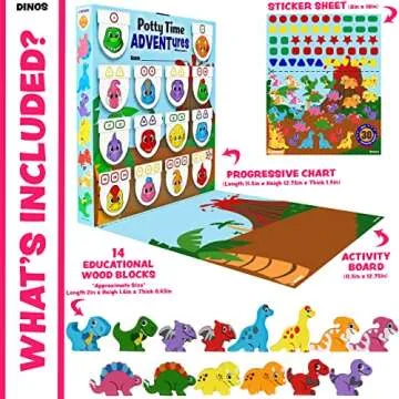 Potty Time Adventures Potty Training Chart for Toddlers by Lil ADVENTS - 14 Stacking Wood Block Toy Prizes - Potty Training Advent Game - Behavior Reward Chart, Stickers & Activity Board - Dinosaurs
