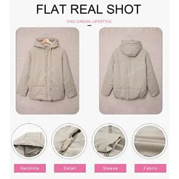 Dokotoo Womens Oversized Fashion Windbreaker Winter Autumn Full Zipper Front Drawstring Hooded Bomber Puffer Jacket Baggy Short Coats for Women Warm Comfy Soft Outerwear with Pockets Beige XL