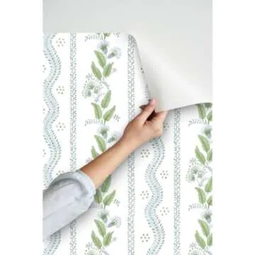 Peel & Stick Wallpaper 3ft x 2ft - Soft Blue Greens White Stripe Green Floral Dots Traditional Custom Removable Wallpaper by Spoonflower