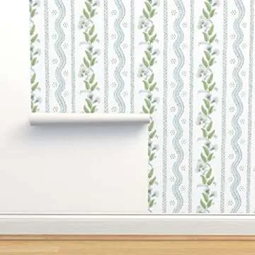 Peel & Stick Wallpaper 3ft x 2ft - Soft Blue Greens White Stripe Green Floral Dots Traditional Custom Removable Wallpaper by Spoonflower