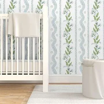 Peel & Stick Wallpaper 3ft x 2ft - Soft Blue Greens White Stripe Green Floral Dots Traditional Custom Removable Wallpaper by Spoonflower