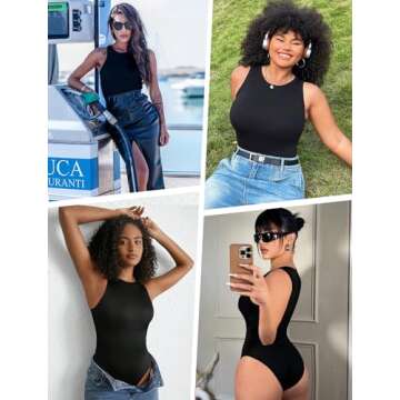 Avidlove Bodysuits for Women Crew Neck Sleeveless Body Suits Snap Closure Double Lined Tank Tops Bodysuit(Black,XL)